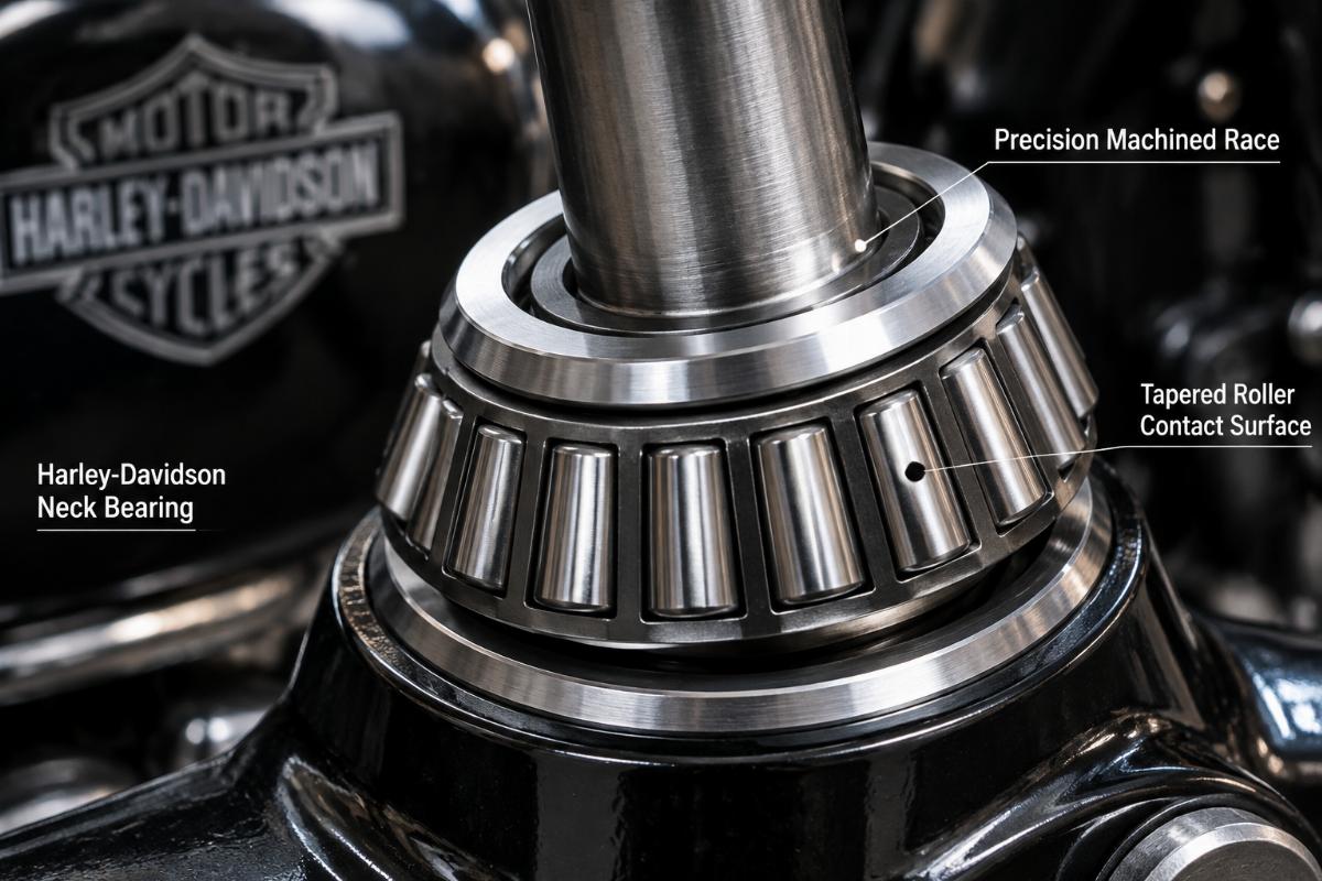 Close-up view of a tapered neck bearing for harley-davidson showing the precision machined race and roller contact surface