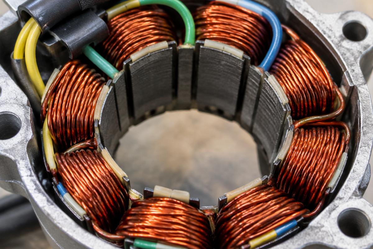Close up view of a three phase stator winding for motorcycle alternator