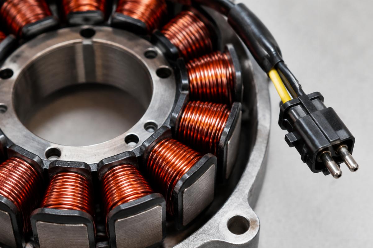 Close-up view of alternator stator for big twin 2 pin male plug connector