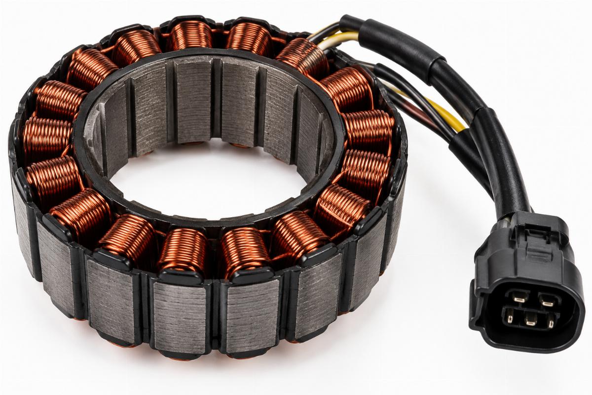 Close-up view of an unmolded 50 AMP alternator stator for flh flt showing the connector plug