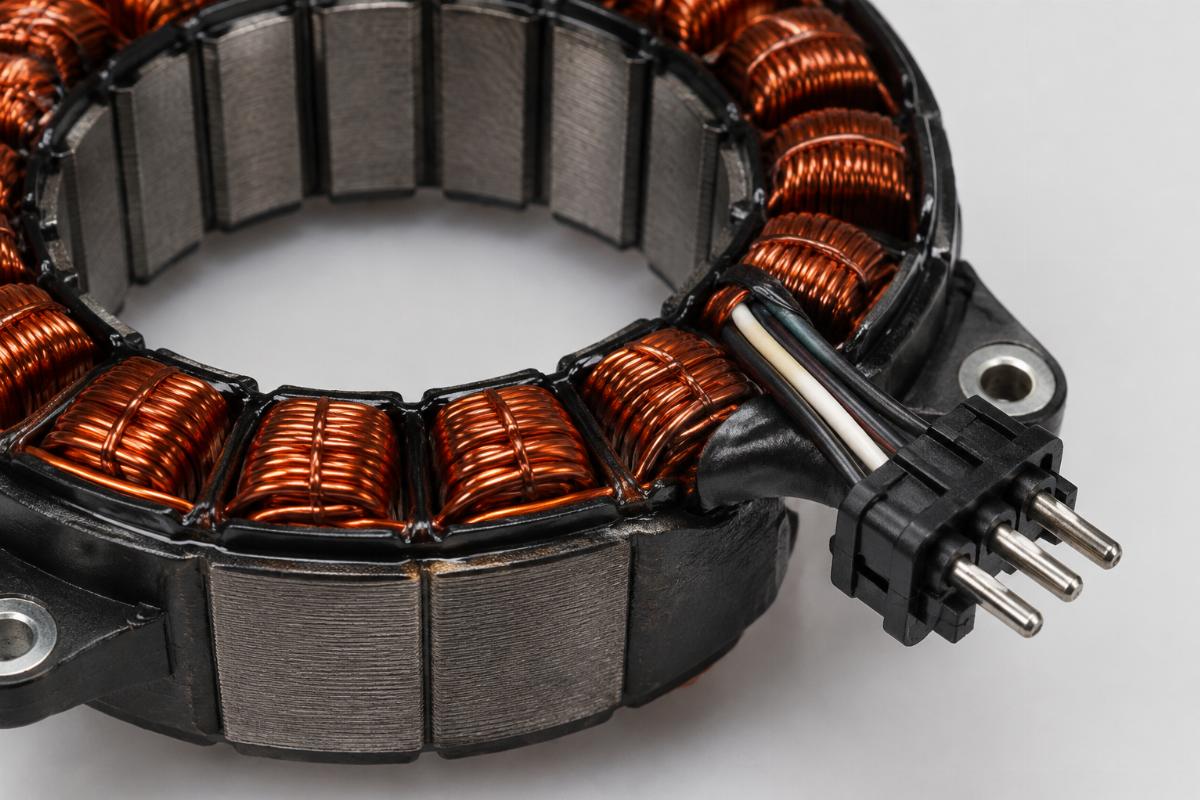 Close-up view of an unmolded alternator stator for softail dyna showing the connector pins