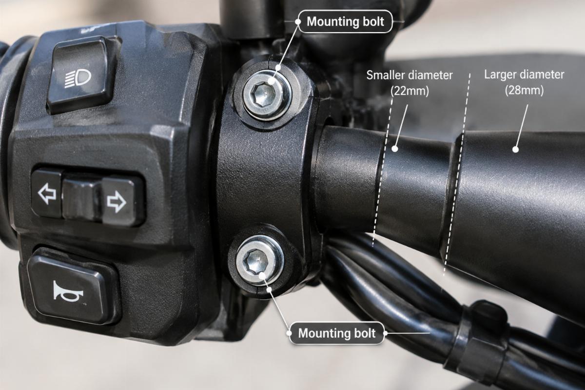 Close-up view of handlebar control clamp area showing switch housing mounting bolts and diameter variance