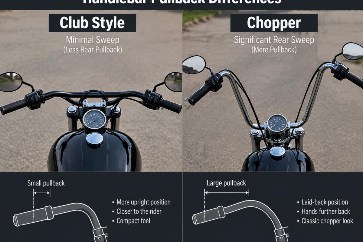 Close-up view of handlebar pullback differences showing Club Style minimal sweep versus Chopper significant rear sweep