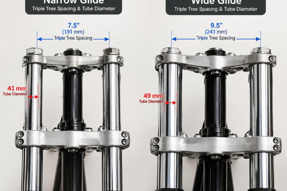 Close-up view of Narrow Glide versus Wide Glide triple tree spacing and tube diameters