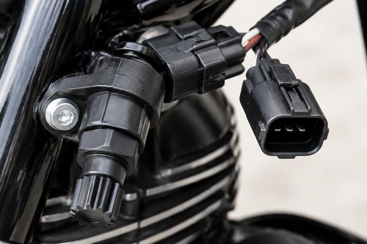 Close-up view of speedometer sensor for sportster xl connector plug