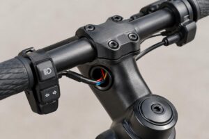 Close-up view of Speedster handlebars showing the internal wiring hole position and control clamp area