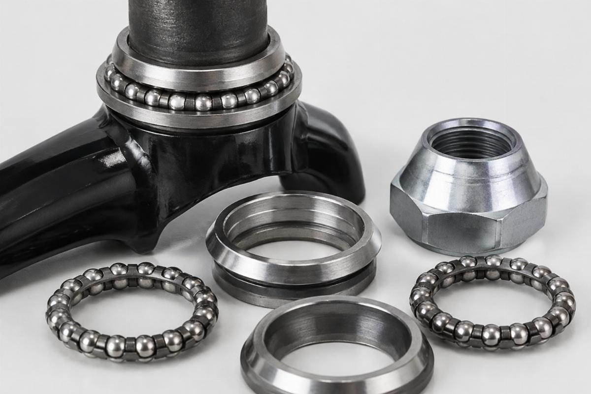 Close-up view of spring fork stem neck race kit components including cone nut and ball bearings