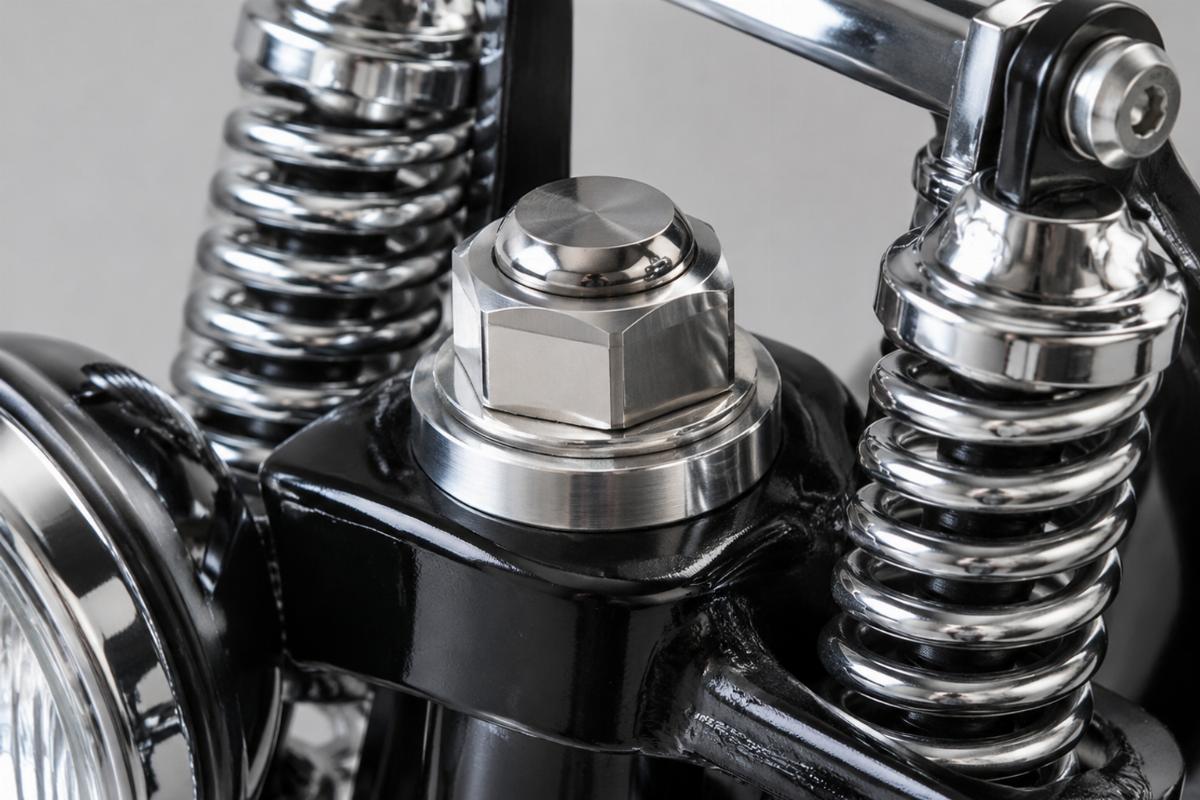 Close-up view of spring fork stem nut for custom springer front end assembly