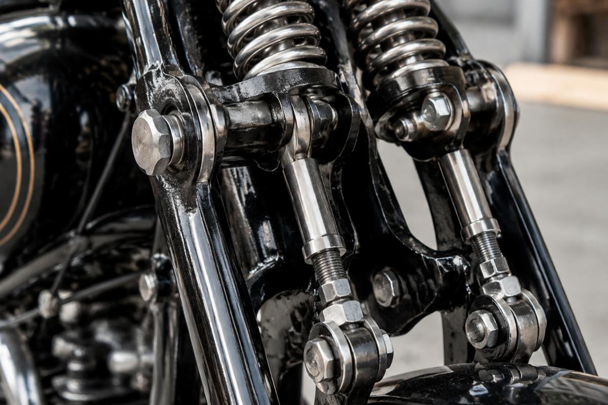 Close-up view of springer fork pivot points and spring rods showing mechanical complexity