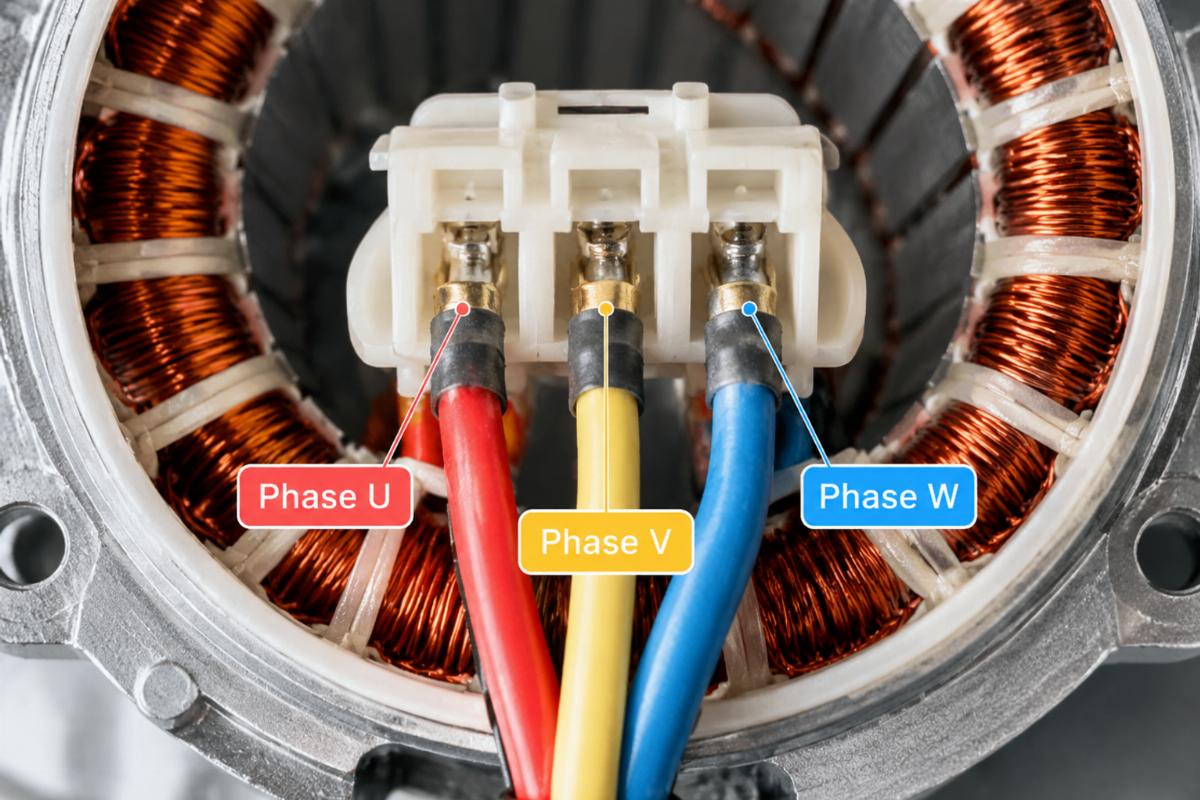 Close-up view of stator connector pins showing phase wire arrangement