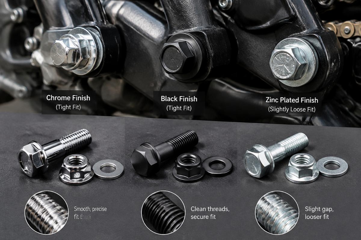 Close-up view of threaded motorcycle hardware showing fitment differences between finishes