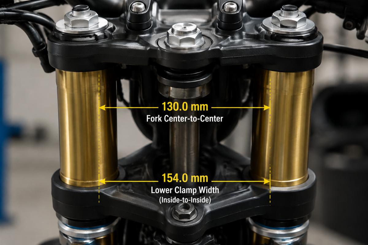 Close-up view of triple tree clamps and fork tubes highlighting spacing measurements