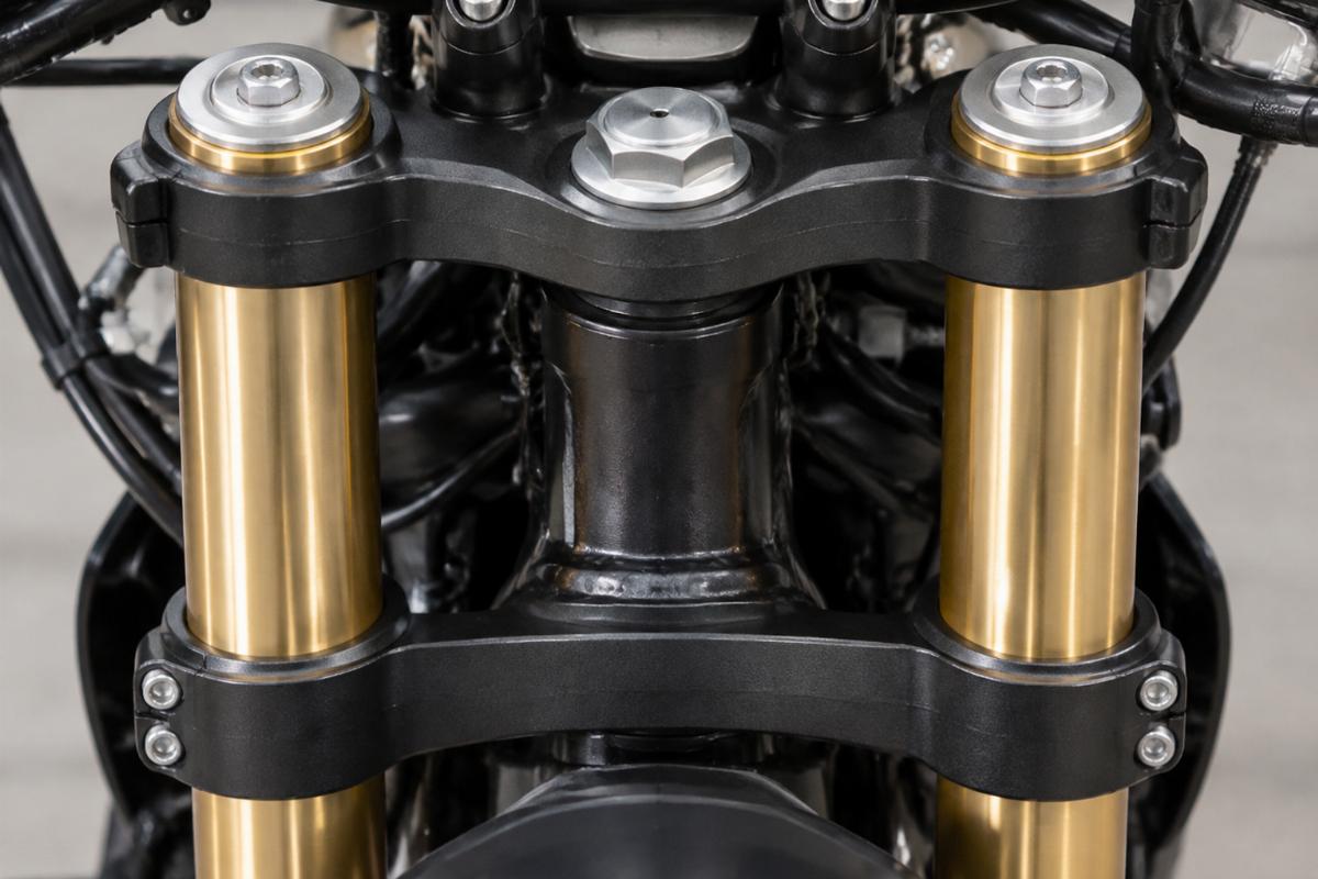 Close-up view of triple tree clamps and fork tubes showing proper alignment