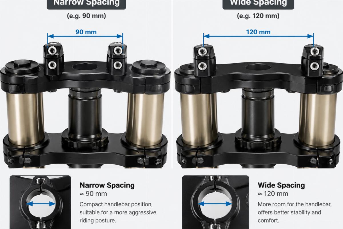 Close-up view of triple tree clamps showing narrow vs wide spacing dimensions