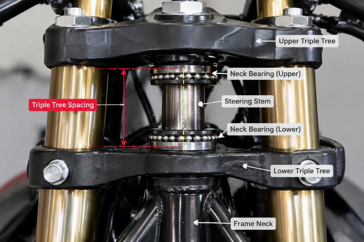 Close-up view of triple tree spacing and neck bearing alignment on a motorcycle frame