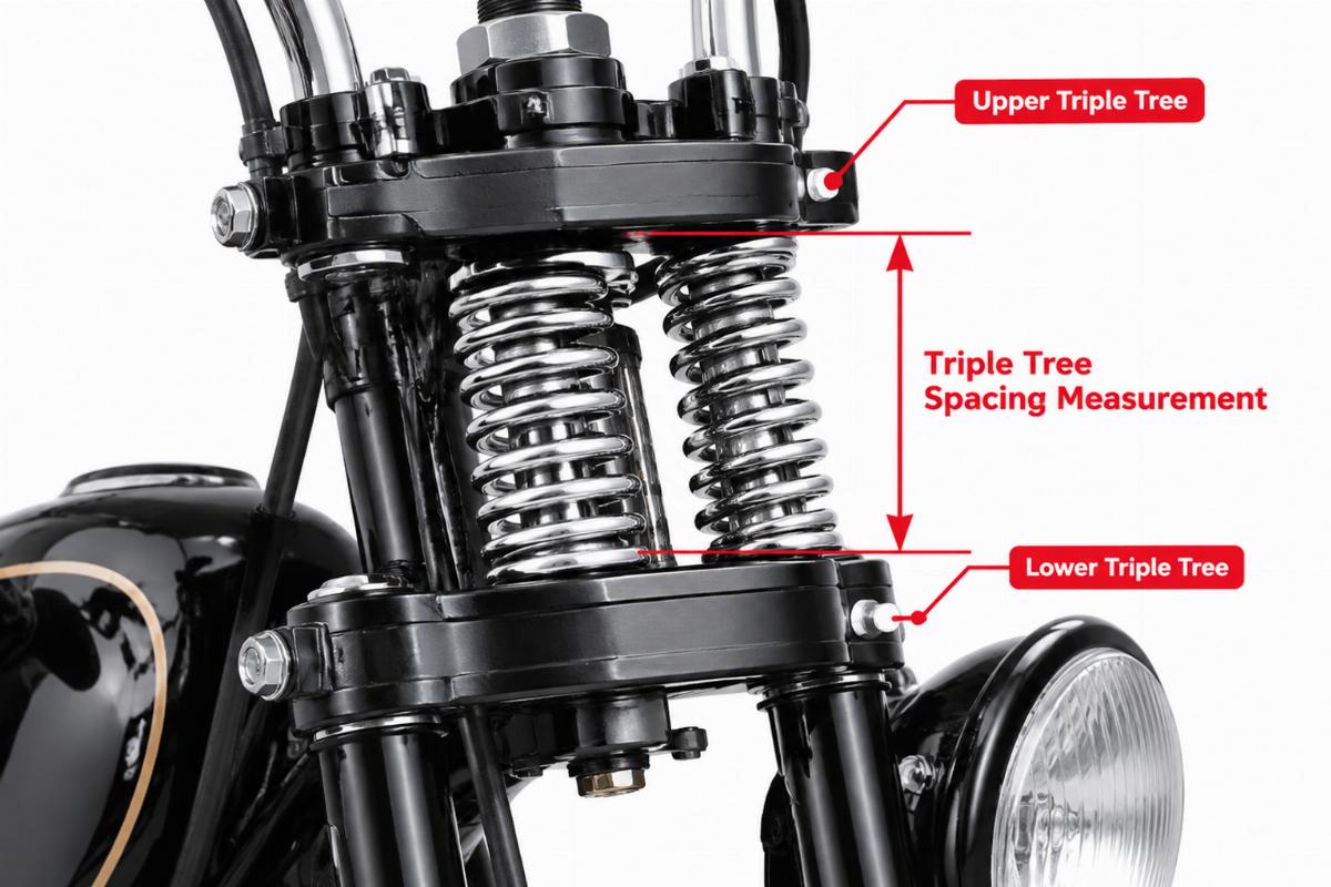 Close-up view of triple tree spacing measurement points on a springer front end