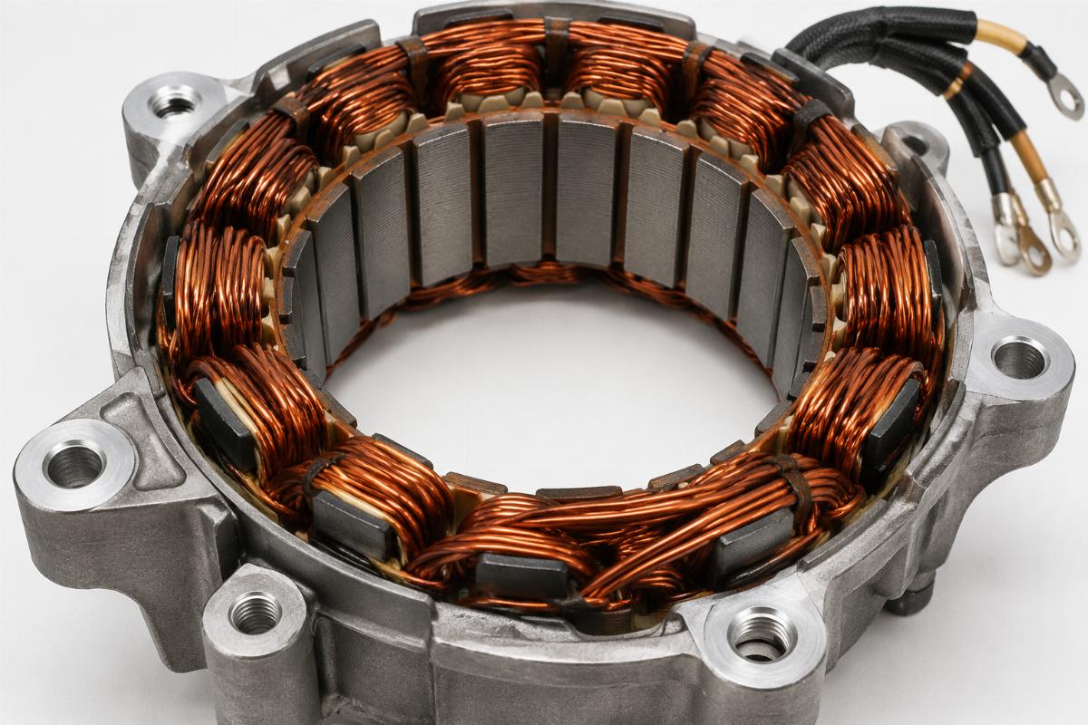 Close up view of unmolded alternator stator for flh flt showing copper windings and mounting points