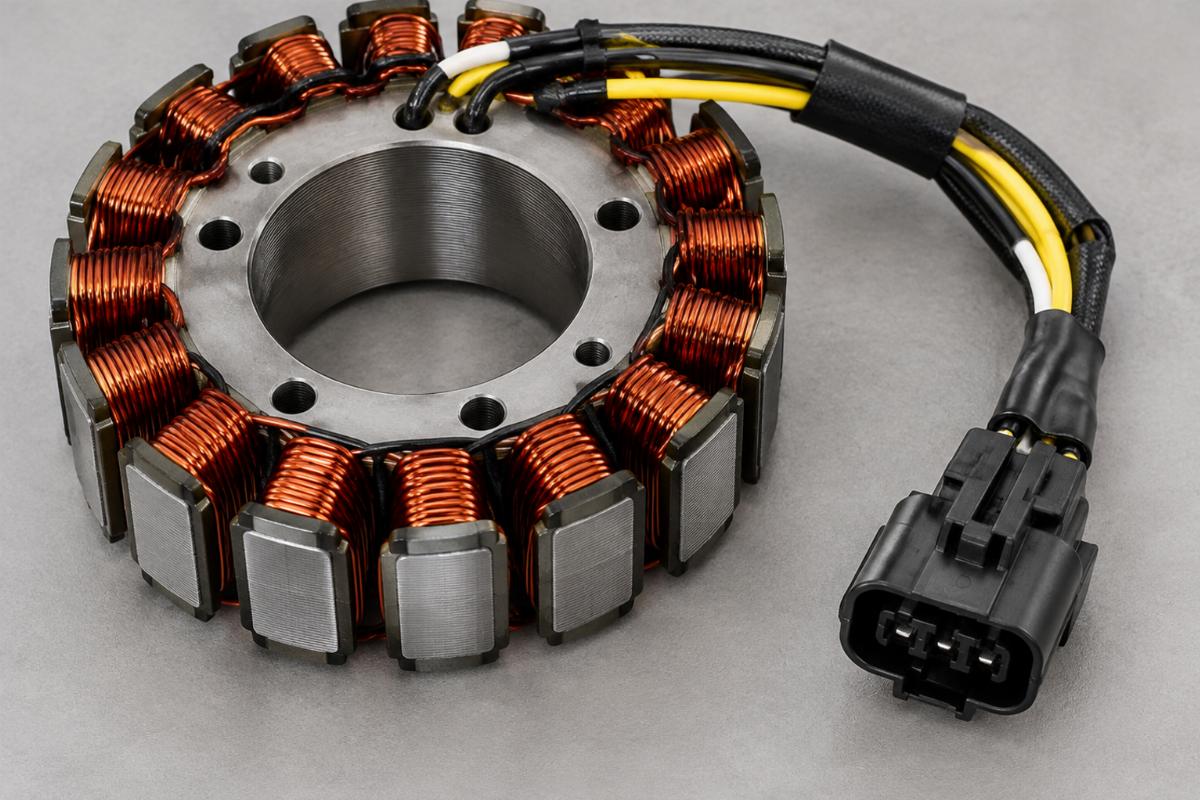 Close up view of unmolded alternator stator for flh flt showing wire leads and connector