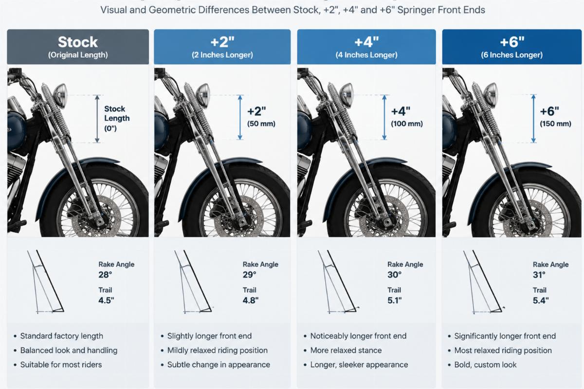 Comparison chart illustrating the visual and geometric differences between stock, +2, +4, and +6 springer front end lengths