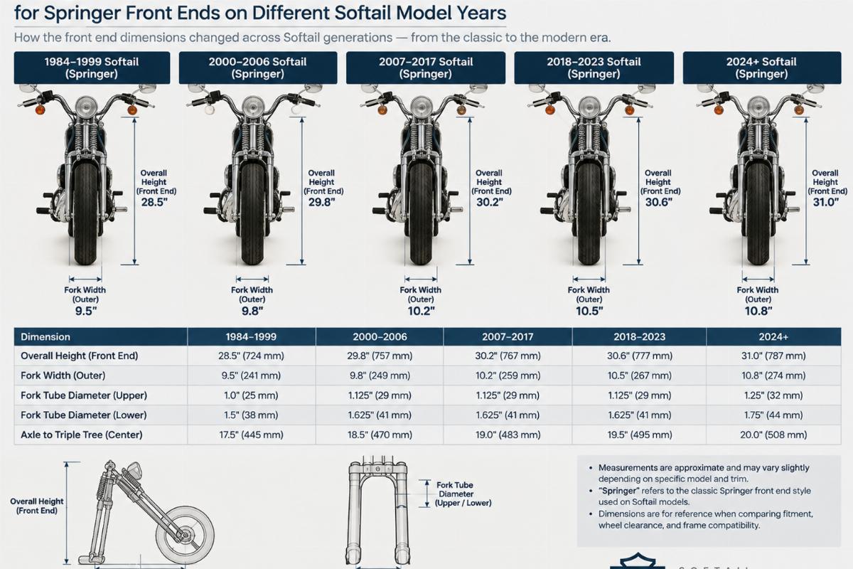 Comparison chart of key geometric dimensions for Springer front ends on different Softail model years