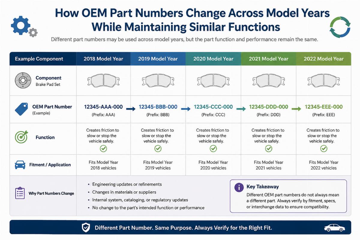 Comparison chart showing how OEM part numbers can change across model years while maintaining similar functions