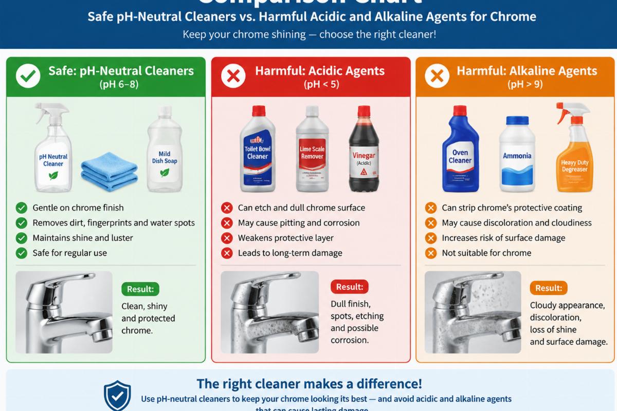 Comparison chart showing safe pH-neutral cleaners versus harmful acidic and alkaline agents for chrome