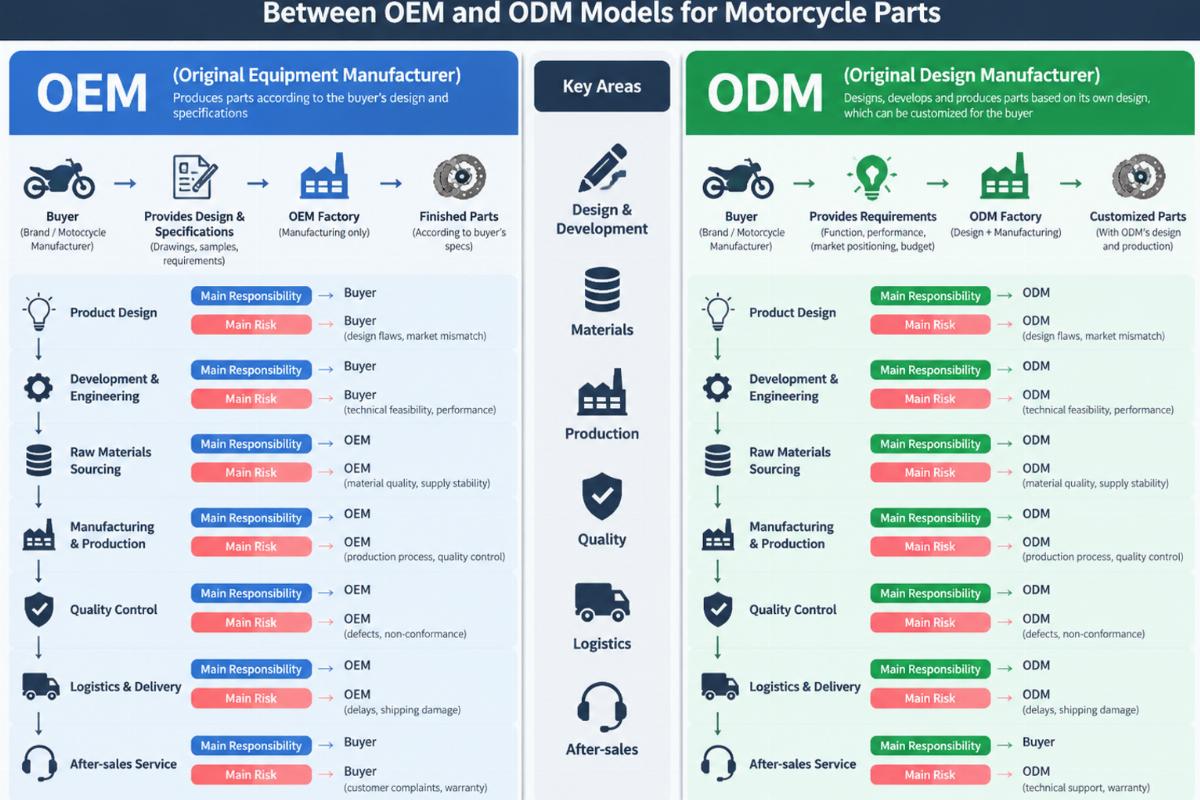 Comparison chart showing the flow of responsibility and risk between OEM and ODM models for motorcycle parts