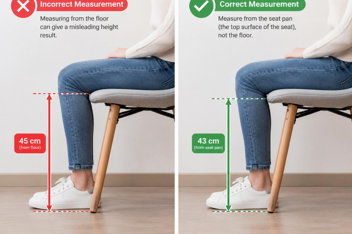 Comparison image showing incorrect height measurement from the floor versus correct measurement from the seat pan