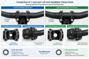 Comparison of 1-inch and 1.25-inch handlebar clamp zones showing internal wiring holes and control mounting areas