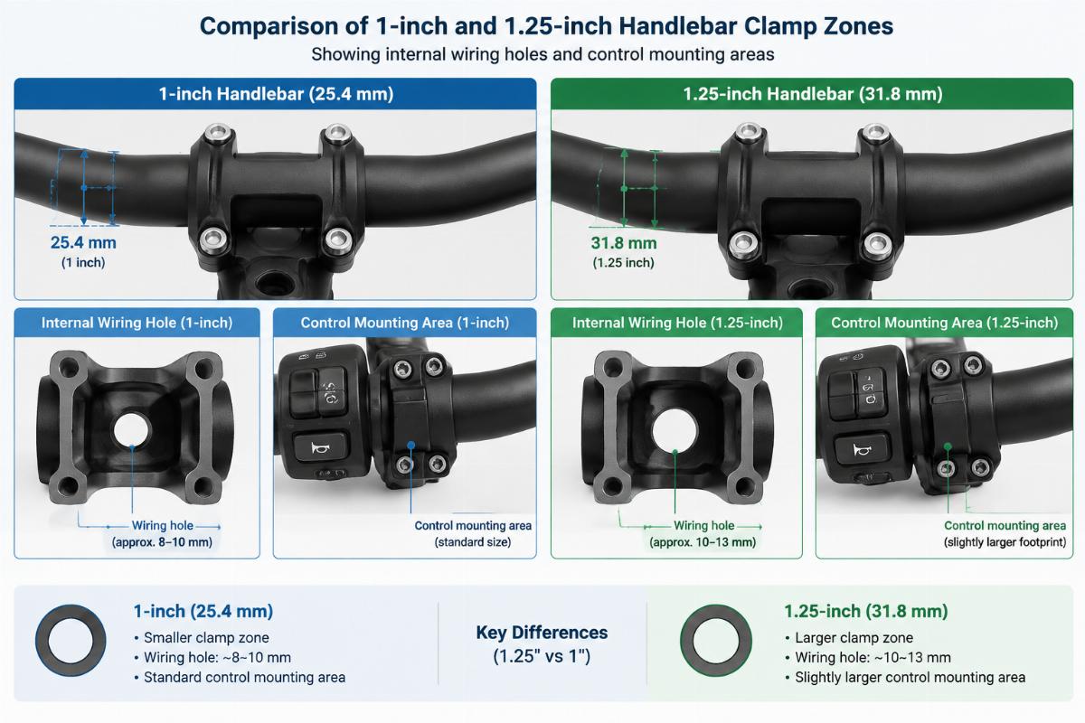 Comparison of 1-inch and 1.25-inch handlebar clamp zones showing internal wiring holes and control mounting areas