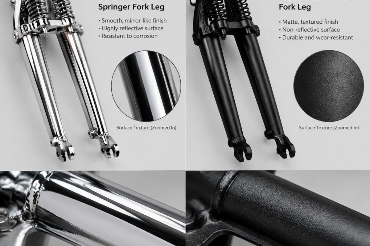Comparison of a chrome-plated springer fork leg versus a black powder-coated fork leg showing surface texture differences