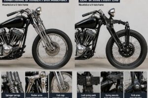 Comparison of a traditional springer fork assembly and a leaf spring front end mounted on similar V-twin frames