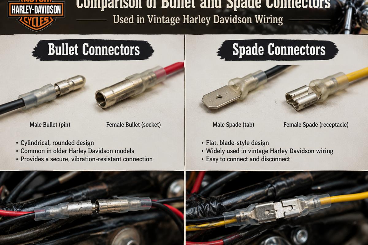 Comparison of bullet and spade connectors used in vintage Harley Davidson wiring