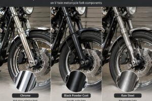 Comparison of chrome, black powder coat, and raw steel finishes on V-twin motorcycle fork components