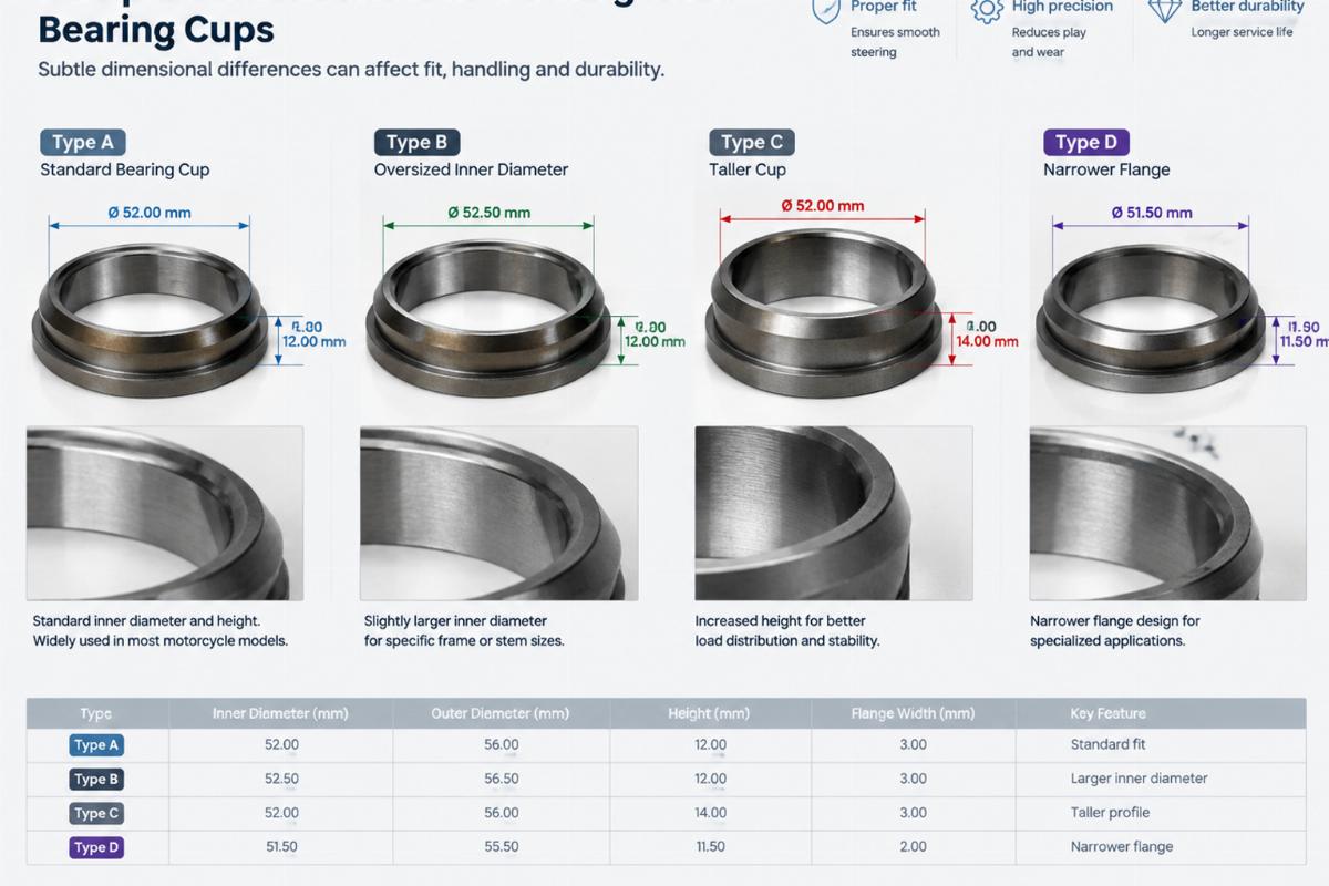 Comparison of different steering head bearing cups showing subtle dimensional differences