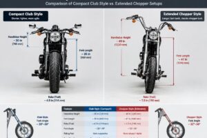 Comparison of Dyna front end geometries showing the difference between compact Club Style and extended Chopper setups