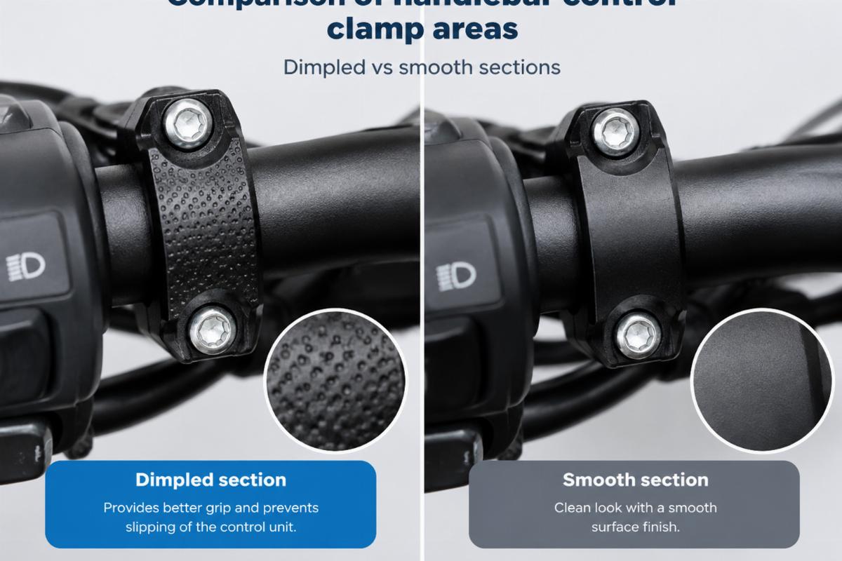 Comparison of handlebar control clamp areas showing dimpled vs smooth sections