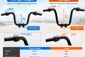 Comparison of mini ape hangers and tall apes showing differences in pullback and control clamp area