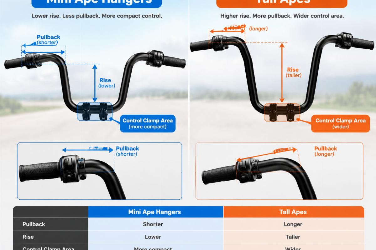 Comparison of mini ape hangers and tall apes showing differences in pullback and control clamp area