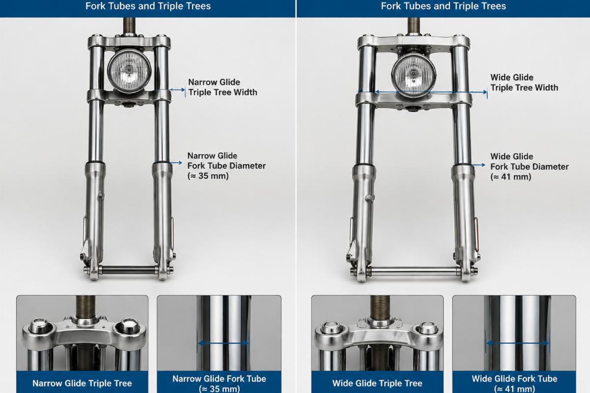 Comparison of Narrow Glide and Wide Glide fork tubes and triple trees
