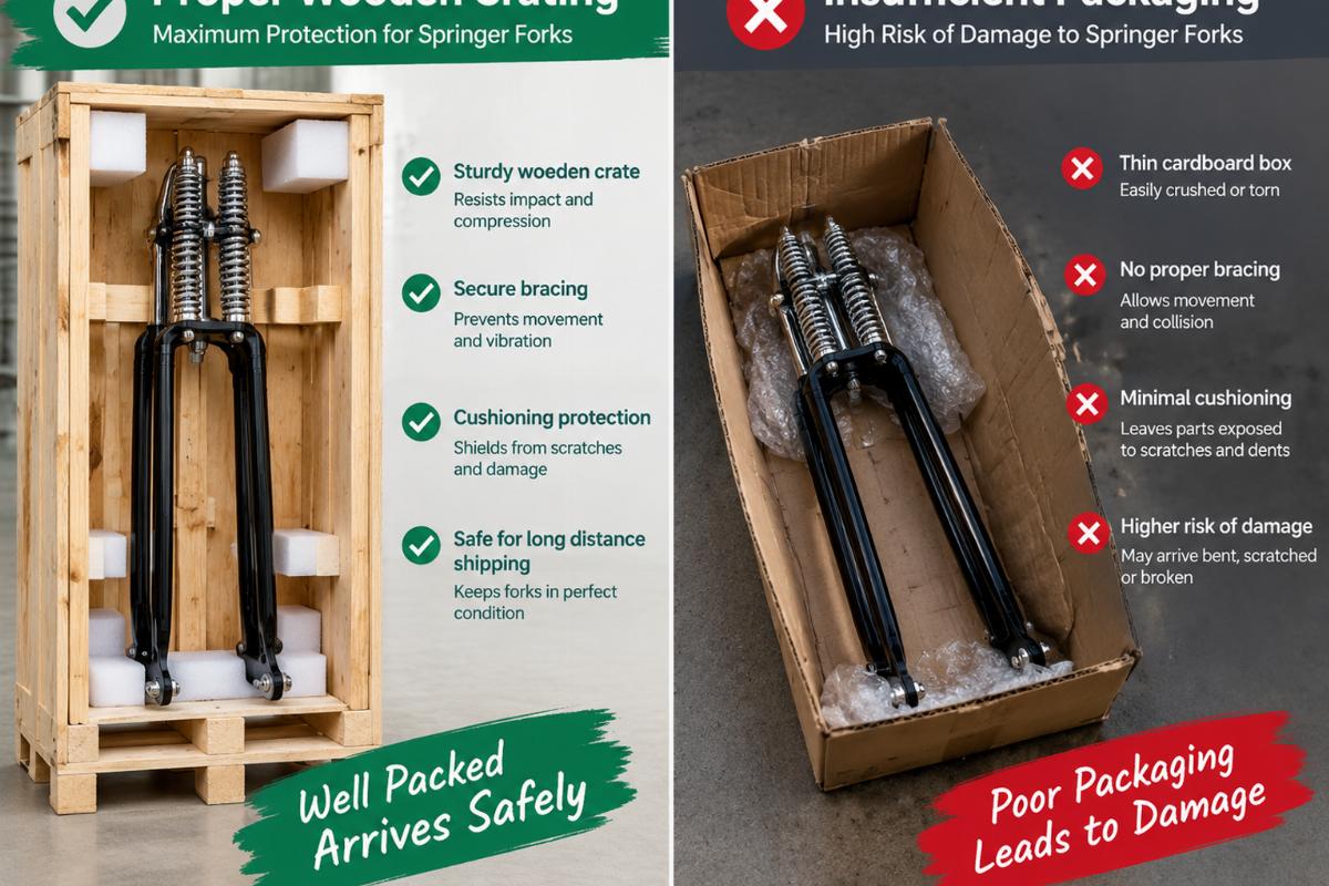 Comparison of proper wooden crating versus insufficient packaging for springer forks