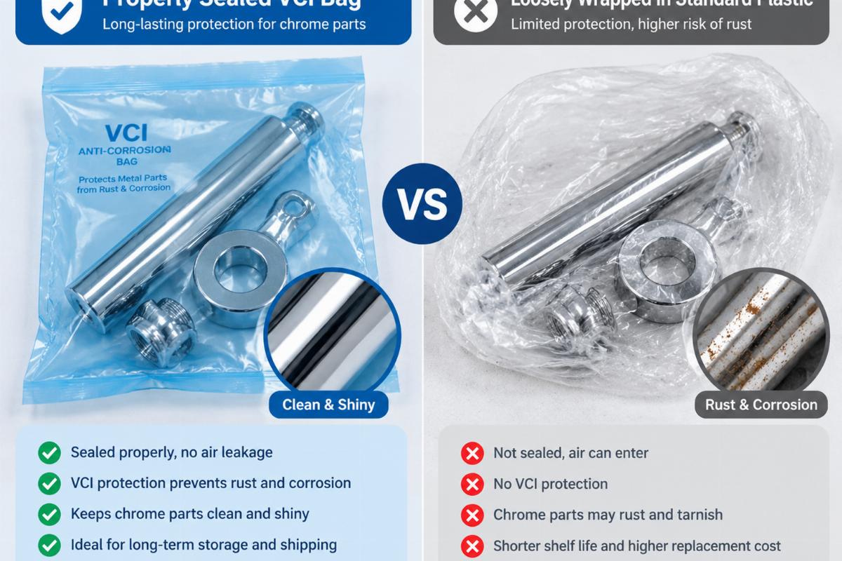 Comparison of properly sealed VCI bag versus loosely wrapped chrome parts in standard plastic