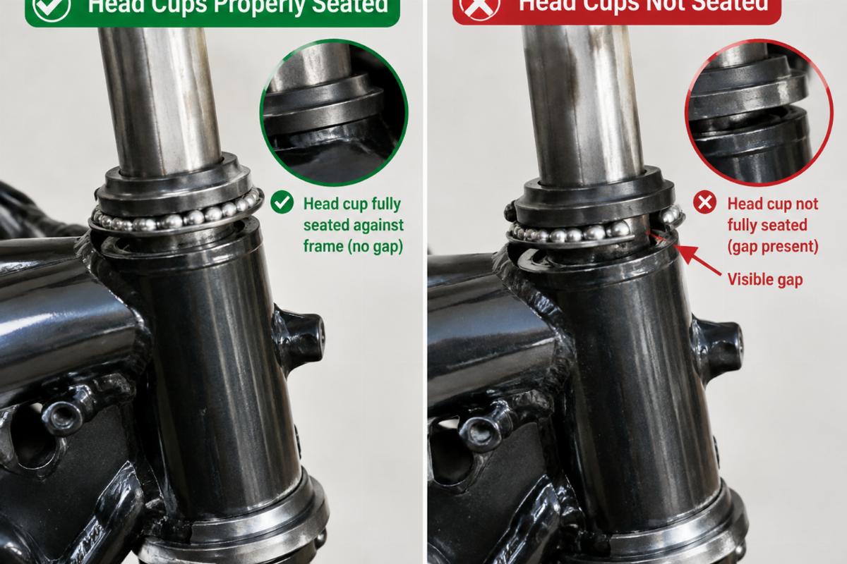 Comparison of properly seated vs unseated head cups in a motorcycle frame neck