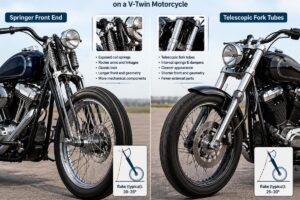 Comparison of springer front end geometry versus telescopic fork tubes on a V-twin motorcycle