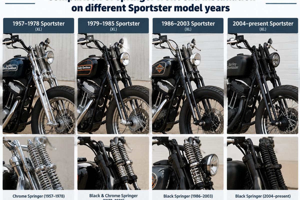 Comparison of springer front end installation on different Sportster model years