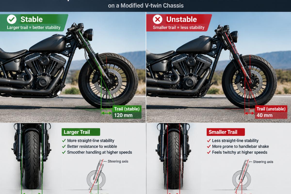 Comparison of stable versus unstable trail distances on a modified V-twin chassis
