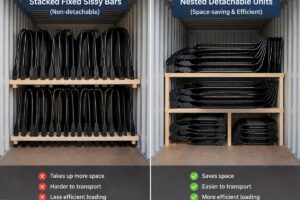 Comparison of stacked fixed sissy bars versus nested detachable units in a shipping container