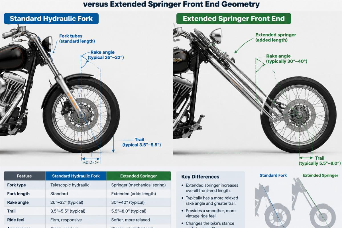 Comparison of standard hydraulic fork geometry versus extended springer front end geometry