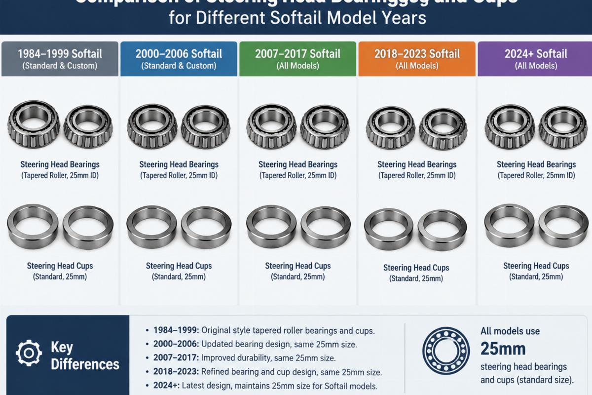 Comparison of steering head bearings and cups for different Softail model years
