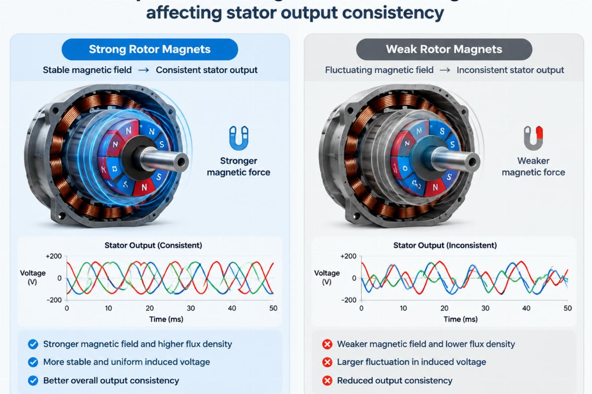Comparison of strong vs weak rotor magnets affecting stator output consistency
